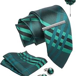 Tie for Men – Geometric Silk Neck Ties Set with Cufflinks Flower Pin, Pocket Square & Black Gift Box, Combo Necktie Sets for Office Wear, Formal Suits & Weddings (Forest Green, NXPLX_89)-image-76