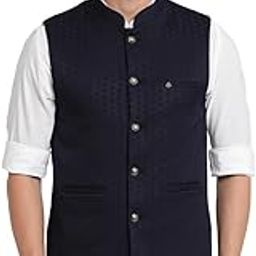 Men Polyster Navy Blue Dobby Print Formal Nehru Jacket-image-5