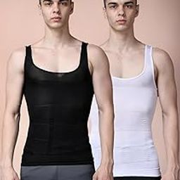 Compression Shirt Men Slimming Undershirt Body Shaper Vest, Gynecomastia Compression Tank Top for Men Tummy Control - Black & White - Large-image-31