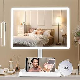 Rechargeable Makeup Mirror with Lights,Lighted Makeup Vanity Mirror with 96 LED Phone Holder and 10X Magnifying Mirror, 3Color Lighting Light Up Cosmetic Mirror with Sensor Touch Dimmable,360Ã‚°Rotation-43