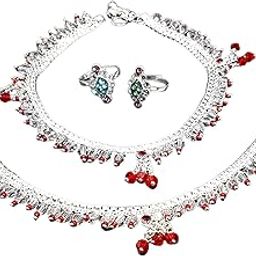 White Crystal Red Moti Anklet With Pair of Midi Toe Ring or lace ankle bracelet for women, Bridal Indian jewelry, wedding gift for her-image-24
