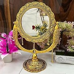 Vintage Double Side Vanity Mirror, Gold-Plated Scalloped Frame with Decorative Stand, Antique Makeup Mirror with Hanging Ornaments-16