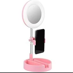 Pink LED Makeup Mirror with Phone Holder, Standing/Leaning, 6.7L x 6.7W inches, Mirror-34