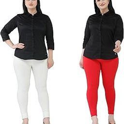 Premium Cotton Body Hugging Ankle Length Legging for Women, Soft and Comfortable Fabric with Elastic Closure, Free Size - Pack of 2pc (Fit Upto 25 to 32 Waist)- Off White, Red-image-79
