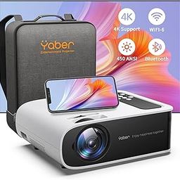 YABER Projector WiFi 6 Bluetooth,YABER Pro V8 450 ANSI Lumen Native 1080P HD,4K Supported,4P/4D Keystone Correction,-50% Zoom,350" Display Home & Outdoor Projector for TV Stick, Android, iOS-14