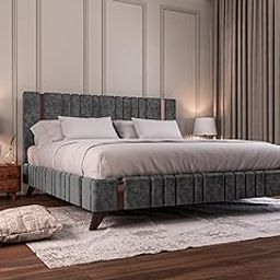 Acacia Modern Upholstered King Size Bed for Bedroom | Wooden Double Bed | Platform Cot Bed with Upholstery Premium Fabric | 6.5 x 6 Ft | Sheesham Solid Wood (Brown, Dark Grey, Copper Line)-picture-14