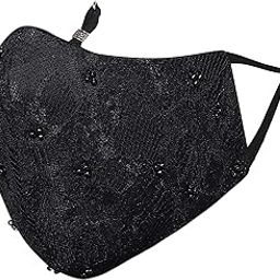 By Q-One Beaded 4 Layer Reusable, Washable with Detachable Chain & Ear Adjusters, Anti-Bacterial (BFE>99%) Designer Embroidered Nylon Cloth Face Mask for Women, Girls (Black, Medium, Pack of 1)-40