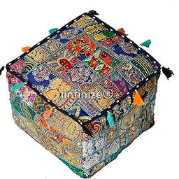 iinfinize Indian Design Ottoman Pouf Embroidery Decorative Pouffe Patchwork Traditional Cube Pouffe Living Room Bed Room Sofa Sham Mudda (16x16x16 Inch)-image-73