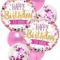 Party Propz Birthday Balloons for Decoration - 7 Pcs Confetti Balloons, Happy Birthday Balloons for Girls, Pink Foil Balloons for Birthday Decoration, Birthday Balloon Decoration Set-2