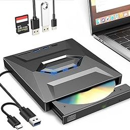 External DVD Drive for Laptop - Type-C USB 3.0 Portable CD Burner Writer with SD Slot & USB Ports DVD 8X CD 24X Slim Fast Speed CD/DVD Reader for PC/Window/Mac OS/Linux/Vista-14
