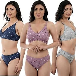 Women's Daily use Printed Bra Panty Set Full Coverage Non Padded Printed Lingerie Set with Adjustable stap Bra Panty Set for Womens Combo Pack of 3-picture-2