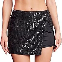 Women's High Waisted Glitter Skort Asymmetrical Wrap Split Hem Bodycon Party Club Skirt Shorts-49