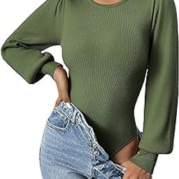 Women 2024 Long Puff Sleeve Sweater Fall Slim Fit Pullover Tops Crewneck Ribbed Knit Bodysuit Jumpsuit S-XXL-image-38