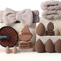 20 Pcs Brown Makeup Sponge & Puff Set | Soft, Lightweight Cosmetic Blenders for Cream, Liquid & Powder Makeup | Includes Plush Bow Headband & Clean Sponge Pad for Easy Maintenance | Perfect for Women Makeup Tools for Smooth (Brown, 20Pcs)-image-59