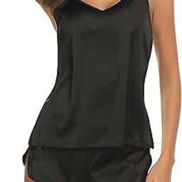 Women’s Babydoll Satin Lingerie Pajamas Camisole Sleeveless Top Tanks Shorts Soft Comfortable Loungewear Set Deep V Neck Elegant Rich Look Honeymoon Night Dress for Ladies-image-35