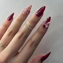 GHER 24 Reusable Artificial Fake Nail Set | Base Dark Red colour with Baby Pink Bow Design Glossy Nails | Lightweight & Long Lasting | Quick Fix For Festivals & Special Occasions-image-24