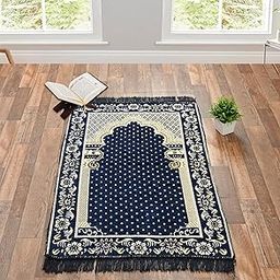 Furnishing Hut Velvet Chenille Super Soft Designer Janamaz Namaz Prayer Mat 70 x 110 cm Blue-30