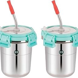 MARU Kids Stainless Steel Tumbler Set of 2-300ml Drink Cup with Straw, Easy-Secure Lid, Cleaning Brush, and Silicone Sleeve (Sea Green) - Great for Juices, Water, and More!-image-29