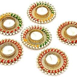 Reusable 6 Pc Multicolor Round Chudi tealight Candle Holder with Wax for Diwali Ganesh Chaturthi Laxmi Pooja Festival Home Temple Floor Decoration-picture-29