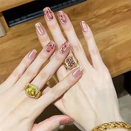 Secret Lives Cats Eye Reusable Artificial Nude Pink Color with Golden & Red Leaves Design Press on Nails 24 Pieces Set with Kit-42
