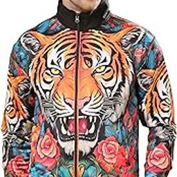 Vibrant Tiger Print Bomber Jacket, Zip Front, Long Sleeves, Floral Accents-picture-10