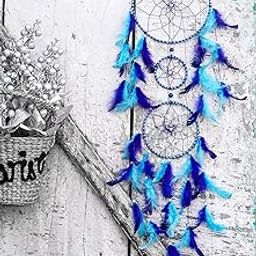 ILU® Dream Catchers, Wall Hangings, Home Decor, Handmade Dreamcatcher for Bedroom, Balcony, Garden, Party, Cafe, Small Ring Beaded Blue & Light Blue Feathers, 17cm Diameter, Length 80cm-image-86