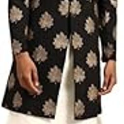 Men's Indo-Western Kurta Sherwani Churidar Set, Black Cotton Blend, Foil Print Regular Fit Mandarin Collar Long Sleeves-image-91