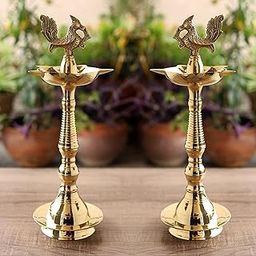 Indian Art Villa Pure Brass Shine Finish Stand/Pillar Diya/Deepak/Lamp/Lantern with Peacock Design, Pooja, Home Decor & Diwali Gift Item, Height-12 Inches, Set of 2-image-4