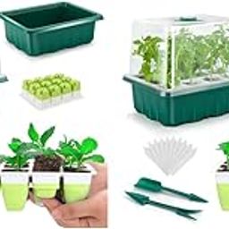 HASTHIP® Seed Starter Tray with 12 Seeding Pots Reusable Silicone Multi Seed Start Tray with Ventilation Clear Lid Drip Tray 2 Dual-Head Seeding Tools Transplanting Mat 10 Blank Labels 2 PCS-71