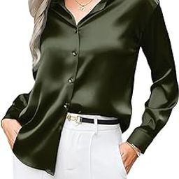 Womens Soft Satin Silk Button Down Shirts for Women Silky Long Sleeve Work Shirt Dress Blouses Tops-image-72