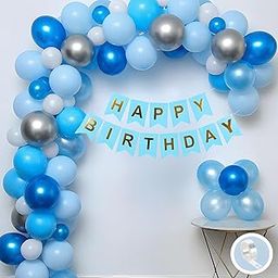 Flyloons Birthday Decoration Items Blue and White Theme Combination for Boys Girls Men Women Kids | 30 Pcs Blue White Silver Color Balloons | Blue Happy Birthday Paper Banner | Arch Tape-picture-15