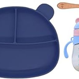 Babylief Silicone Bear Shaped Plate with Suction Base and 360° Sippy Bottle Combo (Navy)-image-39