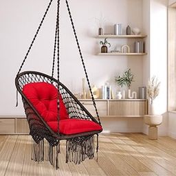 Patiofy Super Comfy Premium Swing for Adults/Jhula for Adults/Swing for Living Room/Swing for Balcony/Swing Chair/Swing for Adults for Home/Jhoola with Hanging Kit & Red L Shape Cushion-Brown-image-14