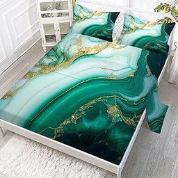 EDGZKO Sheet Set Green Marble: Twin Size Emerald Green Bed Sheets for Teen Girls Kids Adults Abstract Turquoise Gold Marbling 3PC Bedding Sets 1 Fitted Sheet & 1 Flat Sheet & 1 Pillowcase-0