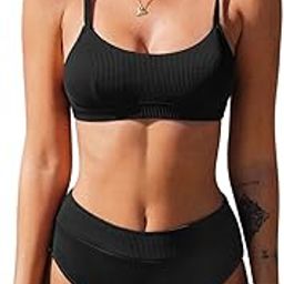 Bikini Set for Women Two Piece Swimsuits High Waisted Adjustable Spaghetti Straps Back Hook Backless, Black, M-image-65