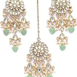 Gold Plated Embellished Light Green Kundan Tassel Earrings with Maangtikka for Women-image-49