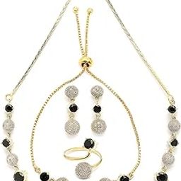 Western Stylish Silver Gold Plated American Diamond Studded Choker Necklace with Drop Earring Bracelet & Ring Jewellery Combo Set For Women & Girls|CBMIX107316-image-13
