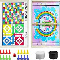 VGRASSP 3 in 1 Fastest Finger Ludo, Snake & Ladder Wooden Board Game for Kids & Adults - Double Sided Sling Puck Birthday Gift for Family Entertainment - Made with Pine Wood (Unicorn Design)-image-1