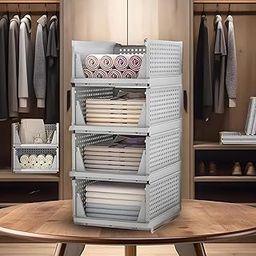 Kuber Industries Pack of 4 Large Size Plastic Foldable Cloth Stacker | Jeans & Shirt Organizer for Wardrobe | Men & Women Organisers for Clothes | Cloth Box for Almirah/Closet/Cupboard | Grey-12