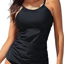 Womens Tankini Tops High Neck Bathing Suit Tops Slim Fit Ruched Swim Tops Only UPF50+-image-38