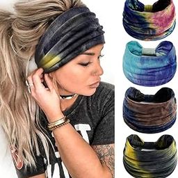 4 Pack Wide Headband for Women, Stretchy Knotted Head Bands for Women, Polyester Tie-dye Print Hairband for Women Ladies, Stylish Hair Bands Yoga Sweatband Sports Head Wraps-18