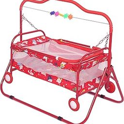 FLIPZON Premium New Born Baby Cradle, baggi/palna with Swing & Mosquito Net | 0-13 Months | with 4 Wheels | Foldable | Sturdy & Safe | Polypropylene/Mild Steel | J4-Cherry Red-image-9