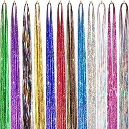 INHEAVEN Hair Tinsel 12Pcs Glitter Hair Extensions - Sparkle Colorful Strips for Girls and Women-image-20