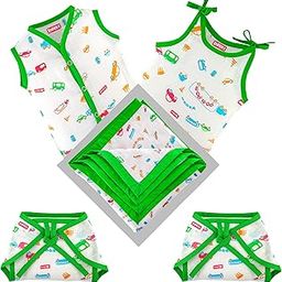 BUMSIES New Born Baby Gift Set, 100% Cotton - 1 Printed Cotton Sleeveless Vest, 1 lace tie Slip, 2 Cotton Cloth Lace Nappy & 1 Double Layer Swaddle Blanket, Pack of 5 (Traffic Print 0-3 Months)-picture-10