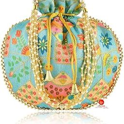 Women's Potli Bag | Cotton Zari Work Potli Bag | Wristlets Ethnic Digital Print Wedding Potli for Ladies(Sky Blue)-image-16