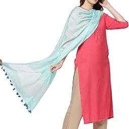 Women's Linen Light Blue Dupatta With Organza Border And Tassels, free size-25