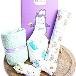 MOM'S HOME Organic Cotton Baby Bath Set | 5-Piece Towel & Swaddle Combo | Baby Shower Gift for Boys | 0-1 Year Essentials Hamper-image-17