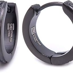 Stainless Steel Mens Hoop Earrings Cross Stripe Gold Black Silver Bevel Edge 16mm-image-93