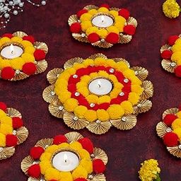 HomeSquare Tealight Holder Rangoli with Artificial Flowers & Tea Lights - Set of 7 Tealight Candle Holders-image-62