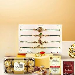 eCraftIndia Set Of 4 Radha Krishna Playing Flute, Krishna Flute, Peacock Feather Designer Rakhis For Brothers With Chocolate, Ferrero Rocher Chocolate 16 Pcs, Rakhi With Chocolate Gift, 400 Grams-image-37